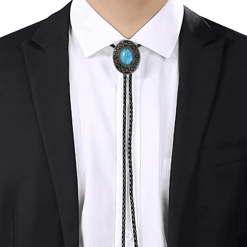 FGSS Vintage Turquoise Bolo Tie For Men - Western Cowboy Colored Oval Bola Necktie Retro Leather Necklace for Men Women - Image 4